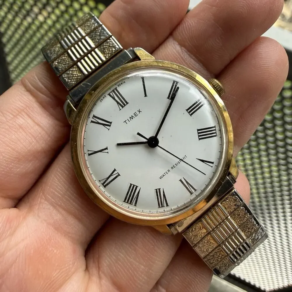 Vintage 70’s Timex Marlin Windup Wrist Watch Gold Tone Roman Numerals with Box